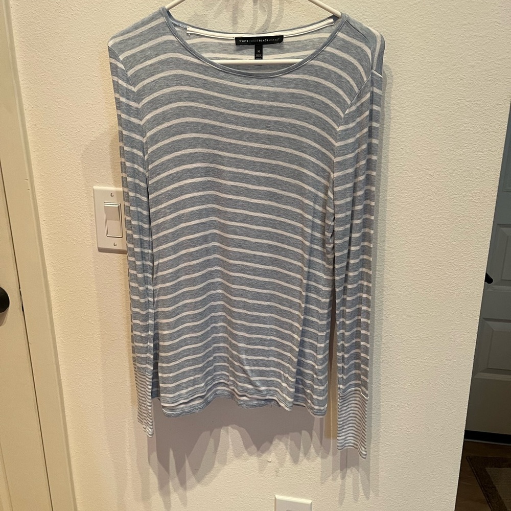 White House Black Market Blue and White Striped Long Sleeve Tee